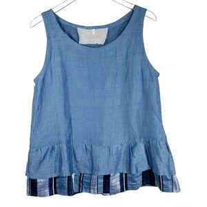 MARILU Blue Linen Blend Tunic Tank with Layered Ruffle Hem Size Large Italy